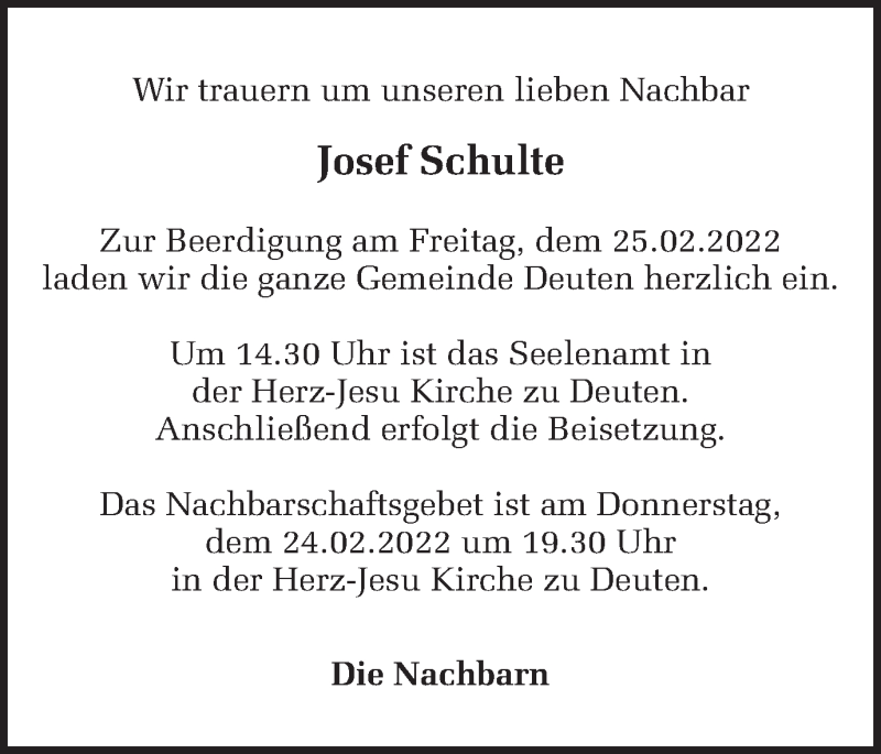  Traueranzeige für Josef Schulte vom 22.02.2022 aus Ruhr Nachrichten und Dorstener Zeitung