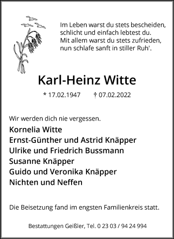Traueranzeige von Karl-Heinz Witte von Hellweger Anzeiger