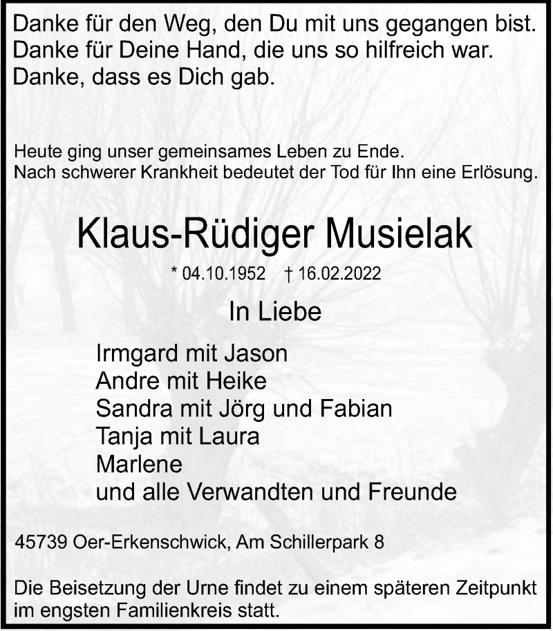  Traueranzeige für Klaus-Rüdiger Musielak vom 22.02.2022 aus 