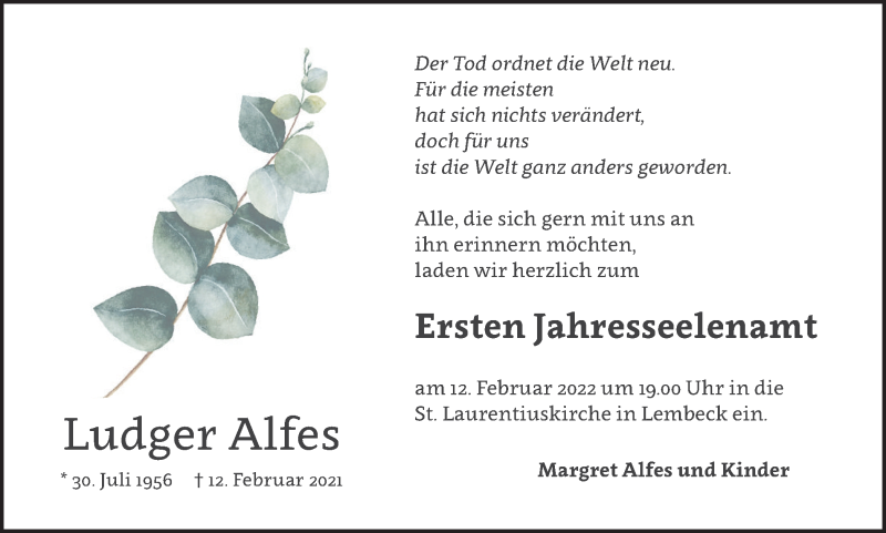  Traueranzeige für Ludger Alfes vom 09.02.2022 aus Ruhr Nachrichten und Dorstener Zeitung
