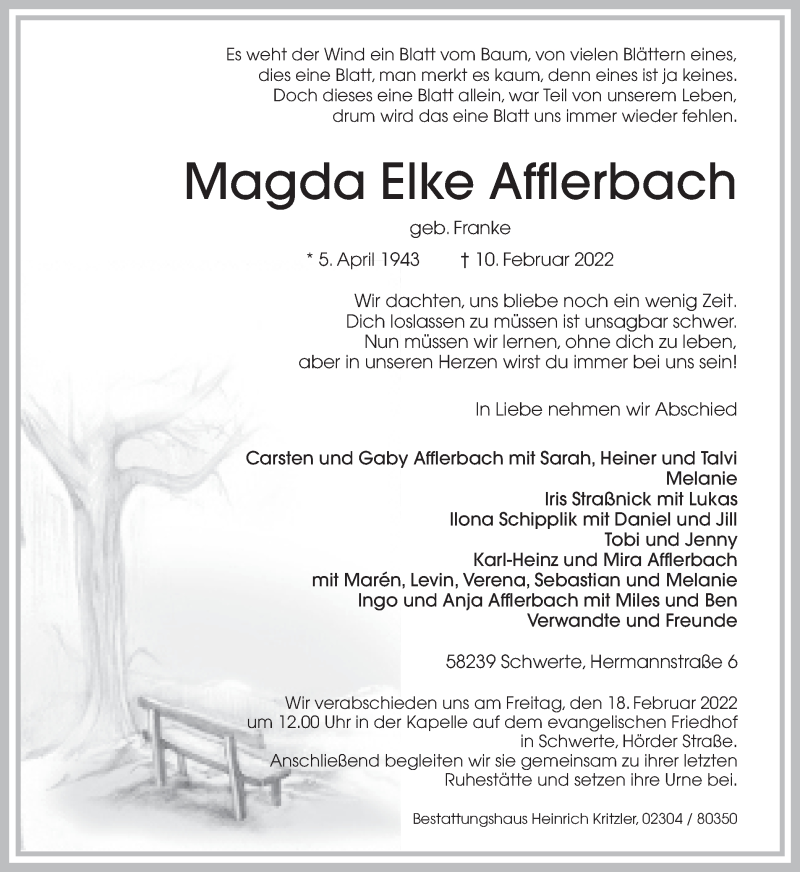  Traueranzeige für Magda Elke Afflerbach vom 12.02.2022 aus Ruhr Nachrichten