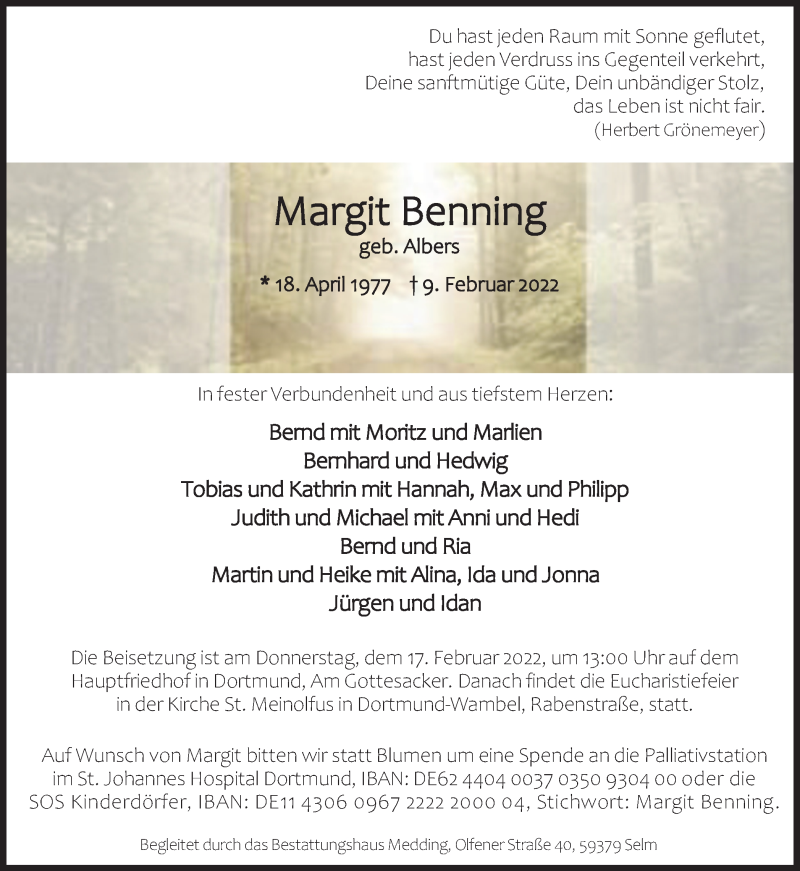  Traueranzeige für Margit Benning vom 12.02.2022 aus 