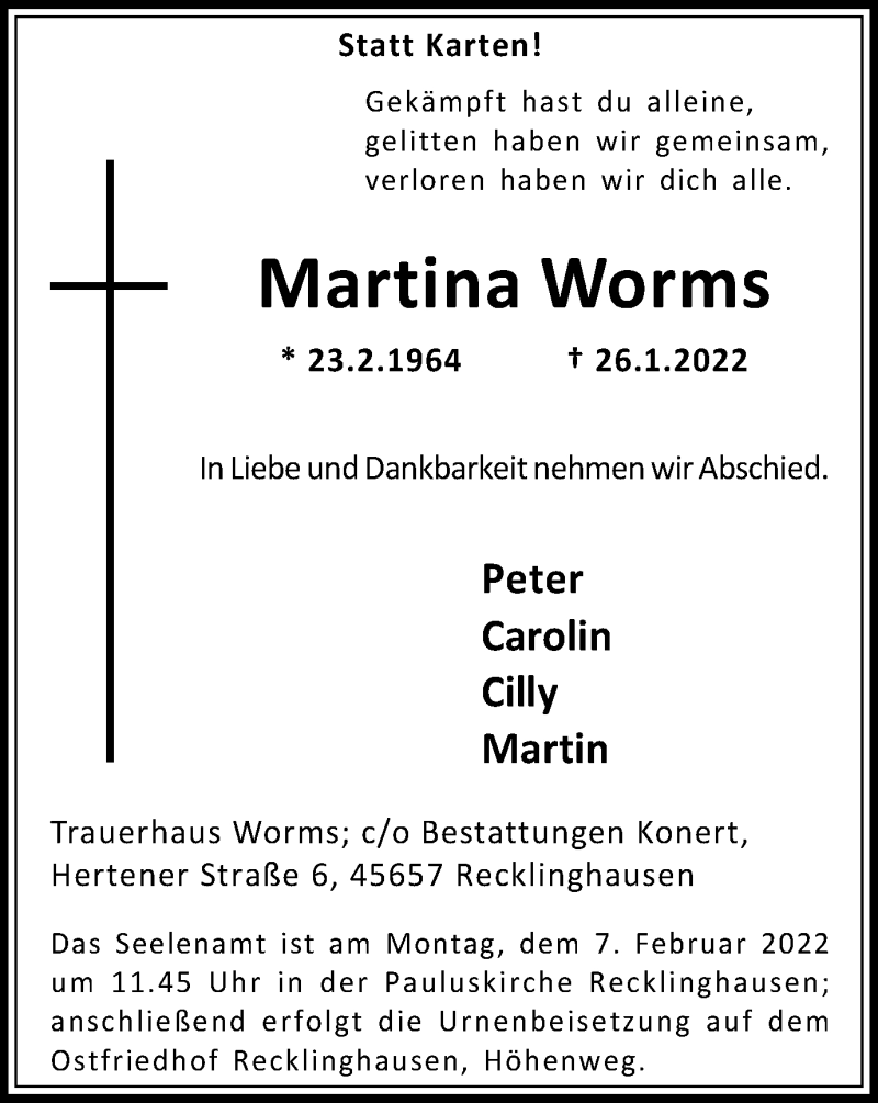  Traueranzeige für Martina Worms vom 02.02.2022 aus Medienhaus Bauer