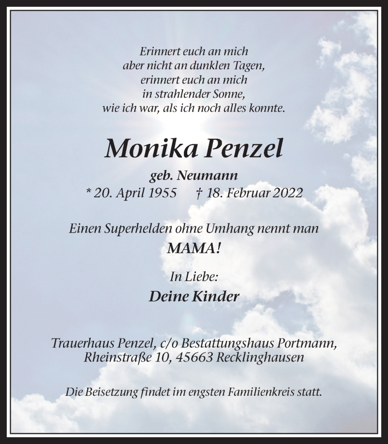  Traueranzeige für Monika Penzel vom 26.02.2022 aus Medienhaus Bauer