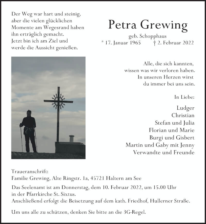  Traueranzeige für Petra Grewing vom 05.02.2022 aus Ruhr Nachrichten und Halterner Zeitung