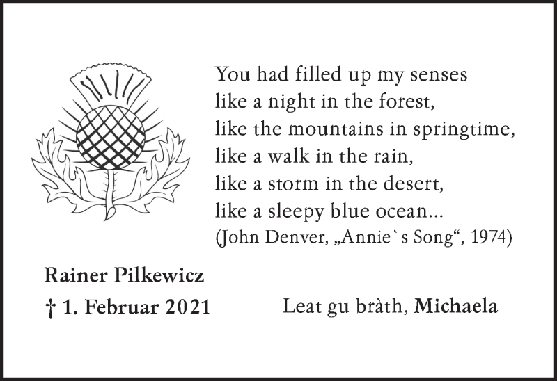  Traueranzeige für Rainer Pilkewicz vom 01.02.2022 aus Medienhaus Bauer