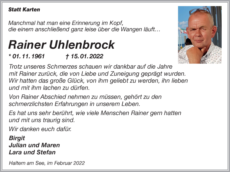  Traueranzeige für Rainer Uhlenbrock vom 18.02.2022 aus Ruhr Nachrichten und Halterner Zeitung