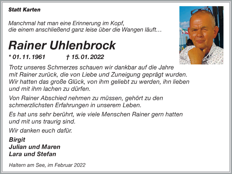  Traueranzeige für Rainer Uhlenbrock vom 18.02.2022 aus Medienhaus Bauer