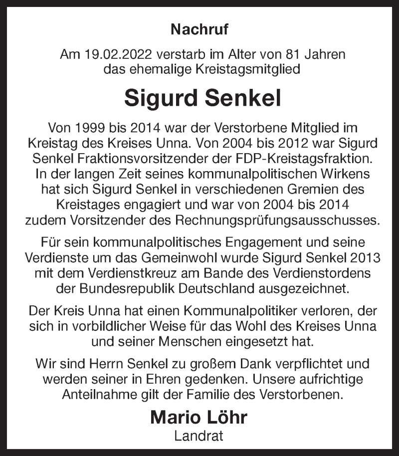  Traueranzeige für Sigurd Senkel vom 26.02.2022 aus 