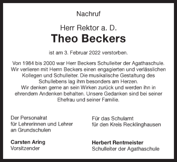 Traueranzeige von Theo Beckers von Ruhr Nachrichten und Dorstener Zeitung
