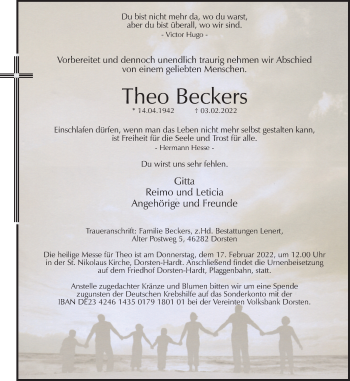 Traueranzeige von Theo Beckers von Ruhr Nachrichten und Dorstener Zeitung
