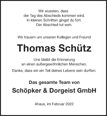 Traueranzeige von Thomas Schütz von Münstersche Zeitung und Münsterland Zeitung