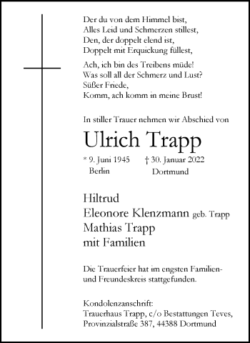 Traueranzeige von Ulrich Trapp 