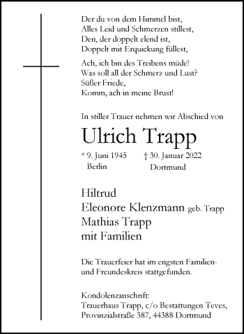 Traueranzeige von Ulrich Trapp 
