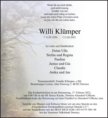 Traueranzeige von Willi Klümper von Ruhr Nachrichten und Dorstener Zeitung