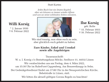 Traueranzeige von Willi und Ilse Korsig von Ruhr Nachrichten