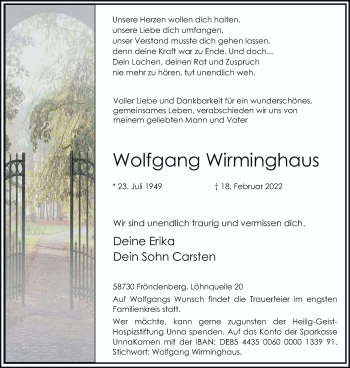 Traueranzeige von Wolfgang Wirminghaus