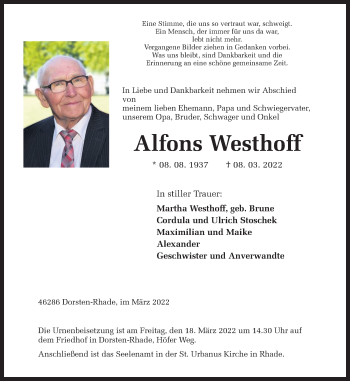 Traueranzeige von Alfons Westhoff von Ruhr Nachrichten und Dorstener Zeitung