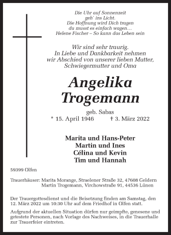 Traueranzeige von Angelika Trogemann von Ruhr Nachrichten