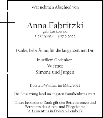 Traueranzeige von Anna Fabritzki von Ruhr Nachrichten und Dorstener Zeitung