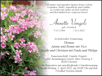 Traueranzeige von Annette Vengels von Ruhr Nachrichten und Dorstener Zeitung