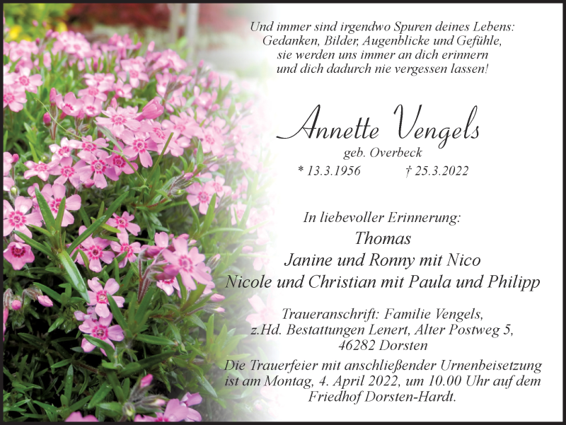  Traueranzeige für Annette Vengels vom 30.03.2022 aus Ruhr Nachrichten und Dorstener Zeitung