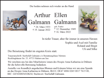 Traueranzeige von Arthur und Ellen Galmann von Ruhr Nachrichten und Halterner Zeitung