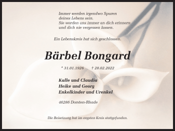 Traueranzeige von Bärbel Bongard von Ruhr Nachrichten und Dorstener Zeitung