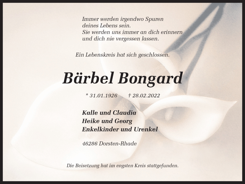  Traueranzeige für Bärbel Bongard vom 19.03.2022 aus Ruhr Nachrichten und Dorstener Zeitung