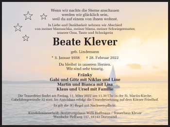 Traueranzeige von Beate Klever 