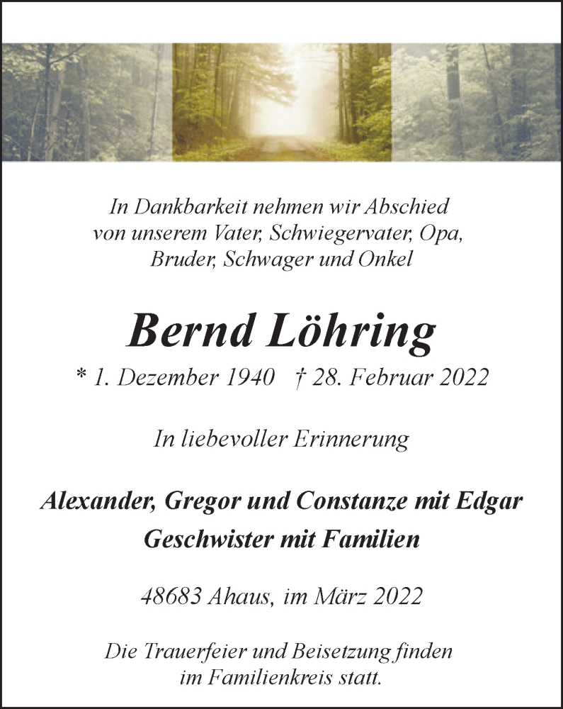  Traueranzeige für Bernd Löhring vom 09.03.2022 aus Münstersche Zeitung und Münsterland Zeitung
