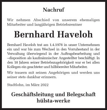 Traueranzeige von Bernhard Haveloh von Münstersche Zeitung und Münsterland Zeitung
