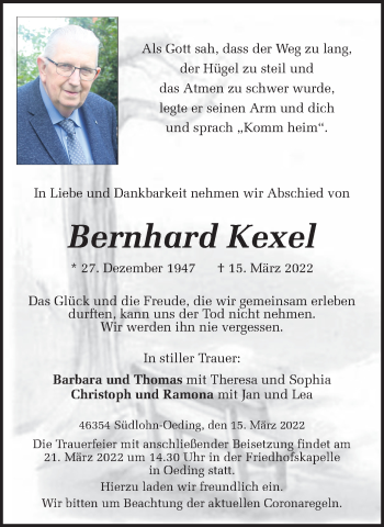 Traueranzeige von Bernhard Kexel von Münstersche Zeitung und Münsterland Zeitung