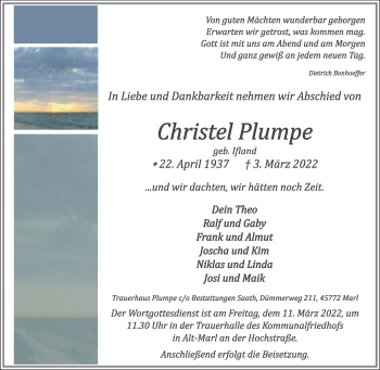 Traueranzeige von Christel Plumpe von Medienhaus Bauer
