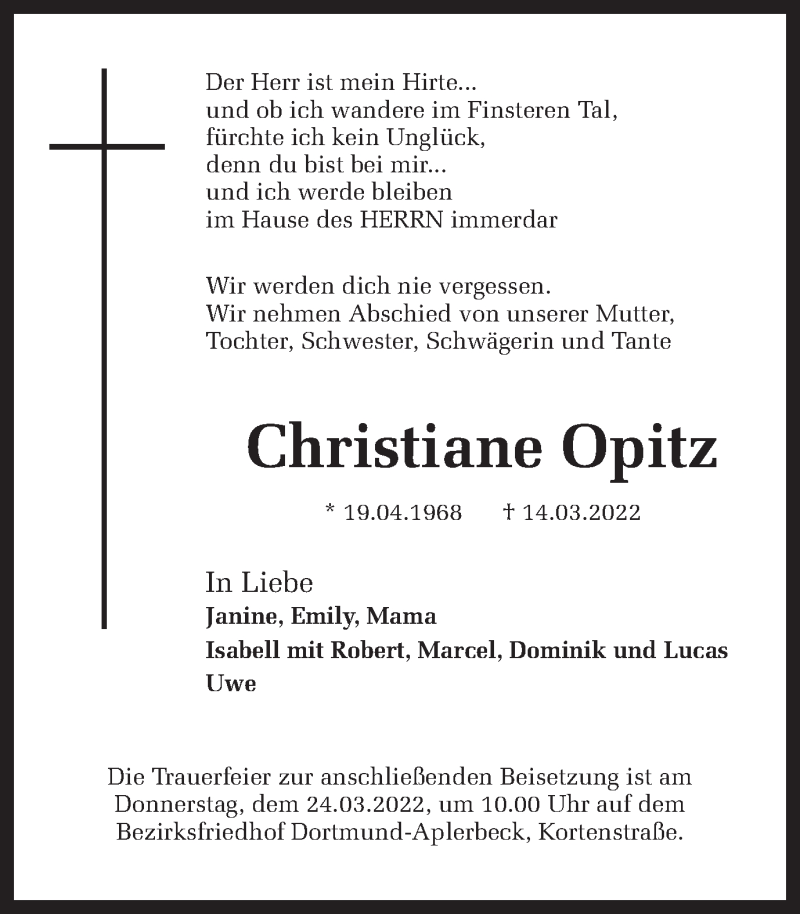  Traueranzeige für Christiane Opitz vom 19.03.2022 aus Hellweger Anzeiger