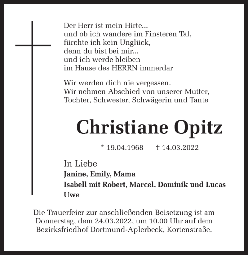  Traueranzeige für Christiane Opitz vom 19.03.2022 aus 