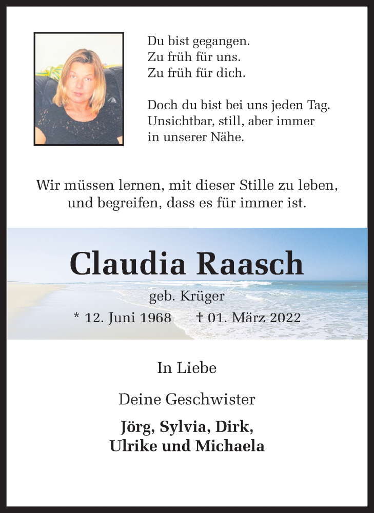  Traueranzeige für Claudia Raasch vom 05.03.2022 aus Ruhr Nachrichten