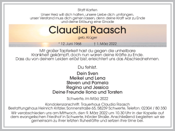 Traueranzeige von Claudia Raasch von Ruhr Nachrichten