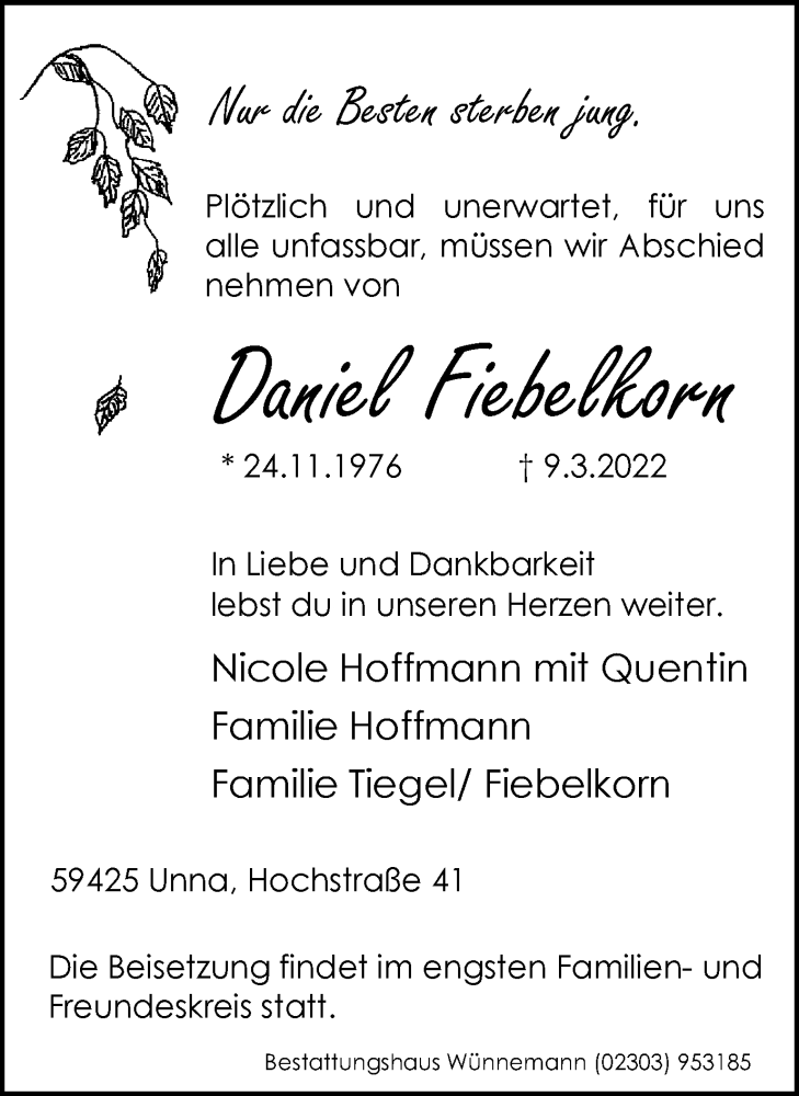  Traueranzeige für Daniel Fiebelkorn vom 19.03.2022 aus Hellweger Anzeiger