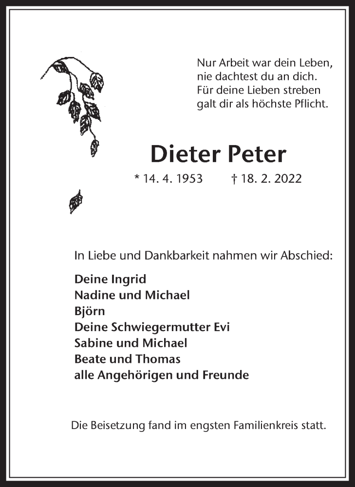  Traueranzeige für Dieter Peter vom 09.03.2022 aus Medienhaus Bauer