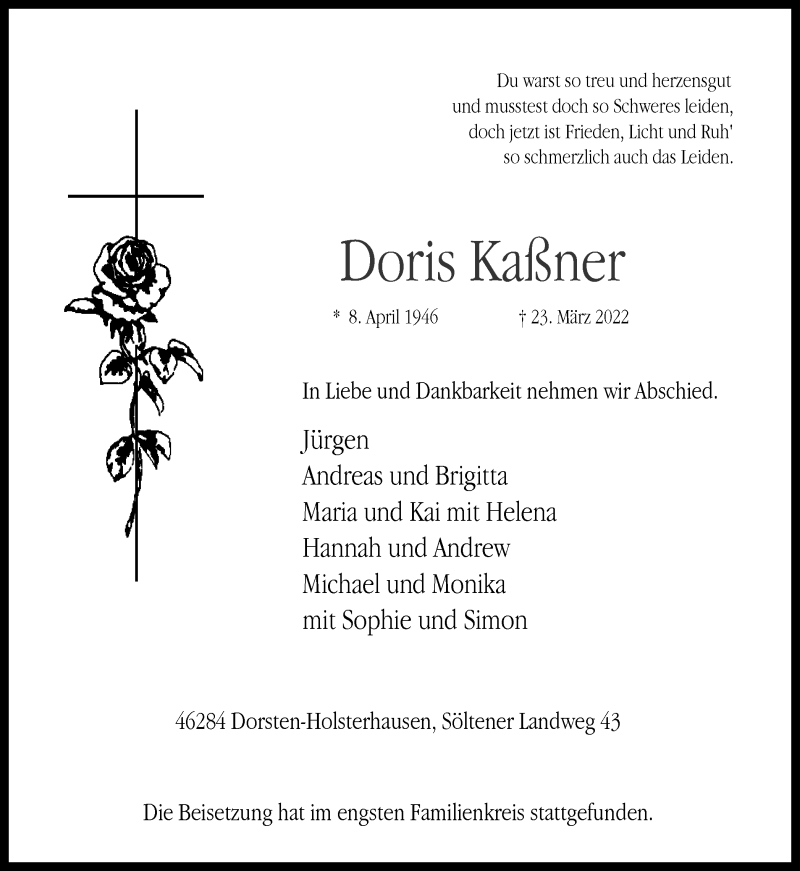  Traueranzeige für Doris Kaßner vom 30.03.2022 aus Ruhr Nachrichten und Dorstener Zeitung