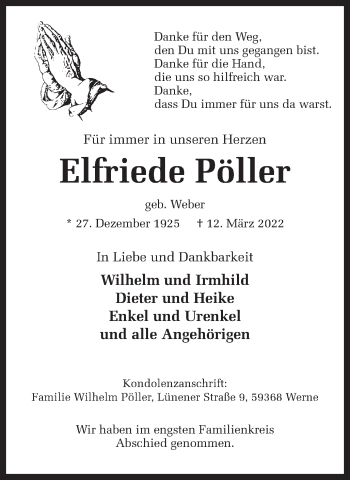 Traueranzeige von Elfriede Pöller von Ruhr Nachrichten