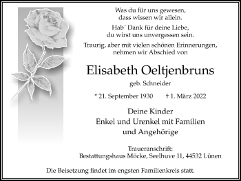 Traueranzeige von Elisabeth Oeltjenbruns von Ruhr Nachrichten