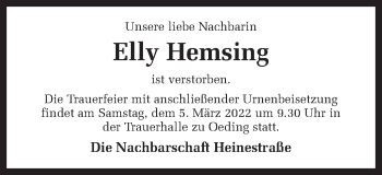 Traueranzeige von Elly Hemsing von Münstersche Zeitung und Münsterland Zeitung