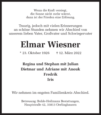 Traueranzeige von Elmar Wiesner von Ruhr Nachrichten