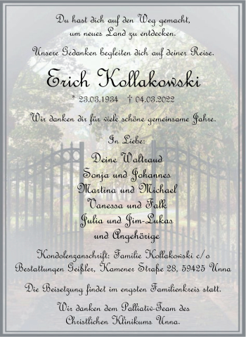 Traueranzeige von Erich Kollakowski von Hellweger Anzeiger