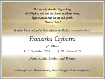 Traueranzeige von Franziska Czyborra von Medienhaus Bauer