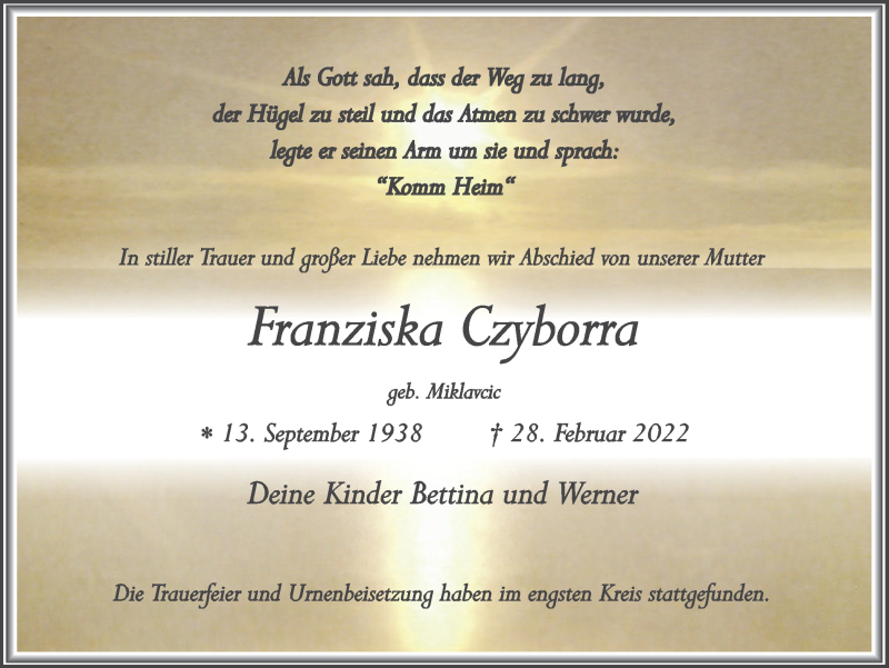  Traueranzeige für Franziska Czyborra vom 12.03.2022 aus Medienhaus Bauer