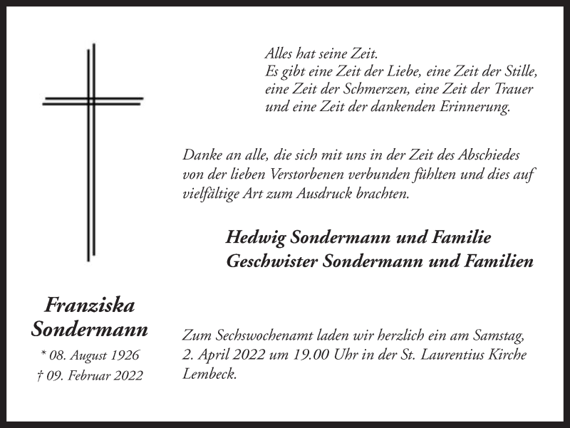 Traueranzeige für Franziska Sondermann vom 30.03.2022 aus Ruhr Nachrichten und Dorstener Zeitung