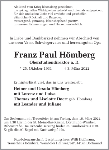 Traueranzeige von Franz Paul Hömberg 
